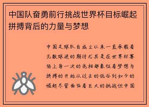 中国队奋勇前行挑战世界杯目标崛起拼搏背后的力量与梦想